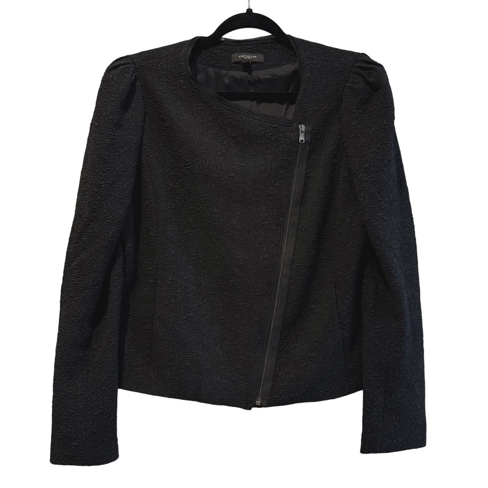 Ann Taylor Black Textured Zippered Jacket Puff Shoulder Sizeโ 12